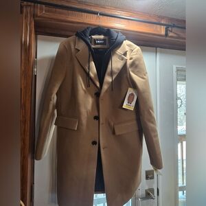 DKNY Men's Camel Trench Coat with Black Hood